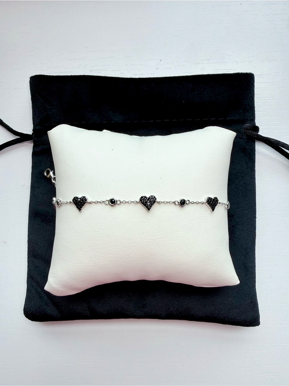 Solid Sterling Silver Bracelet with Black Spinel Hearts